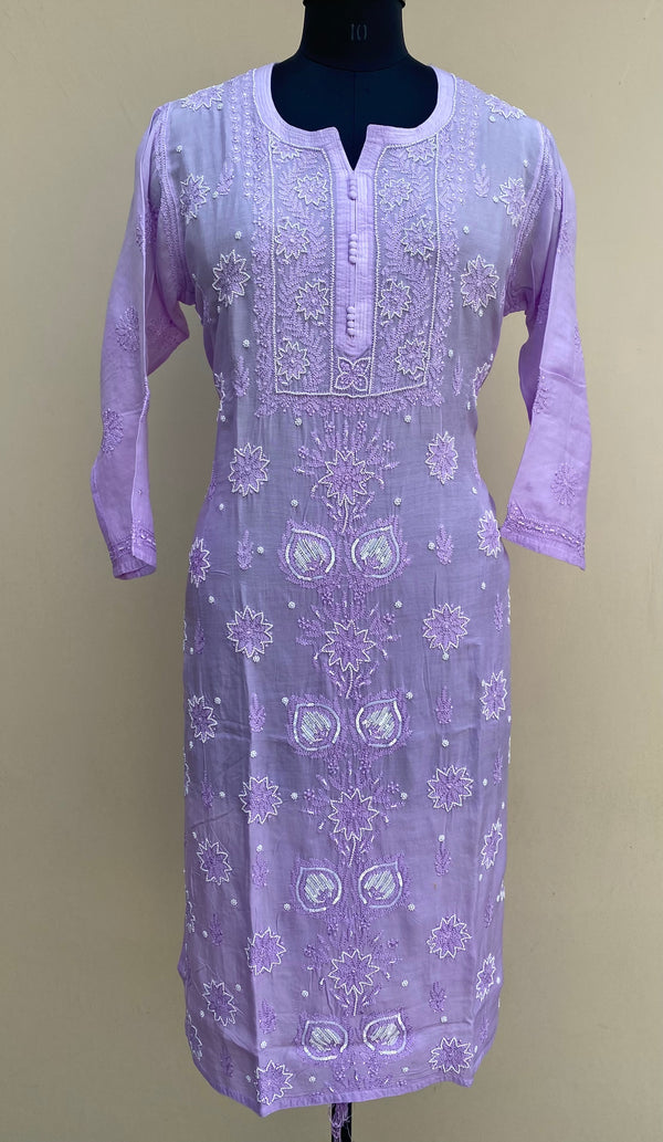 Lucknowi Chikankari Kurti Purple Muslin Cotton with Pearl Work