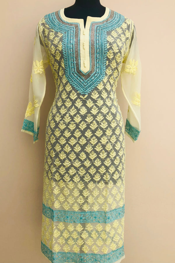 Lucknowi Chikankari Kurti Lemon Yellow Faux Georgette