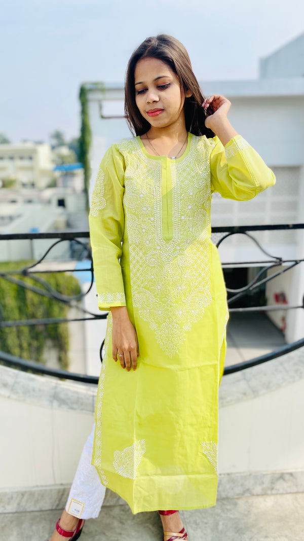 Lucknowi Chikankari Kurti Mehandi Green Cotton