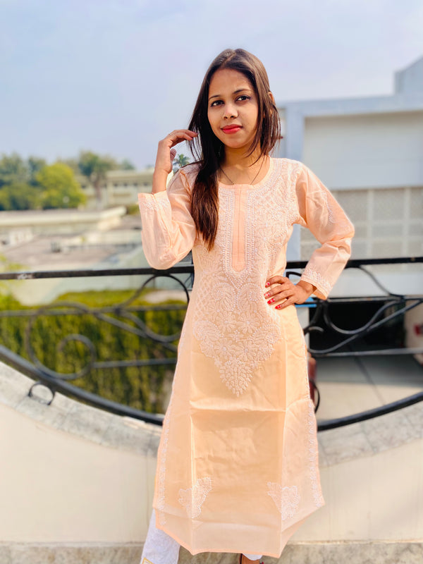 Lucknowi Chikankari Kurti Peach Cotton