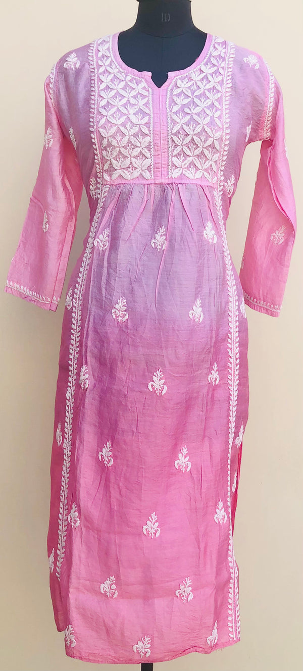 Lucknowi Chikankari Kurti Pink Mal Chanderi