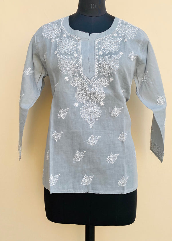 Lucknowi Chikankari Short Kurti Gray Cotton