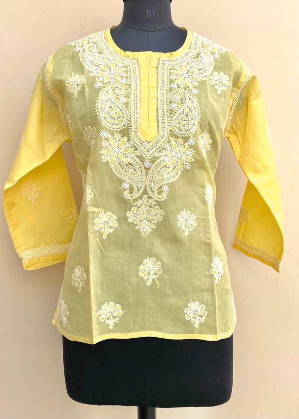 Lucknowi Chikankari Short Kurti Yellow Cotton