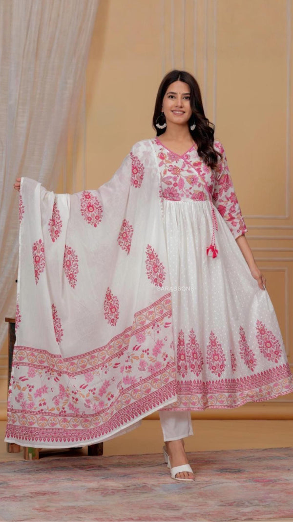 White Anarkali Mulmul Cotton Suit Set - Pants Set