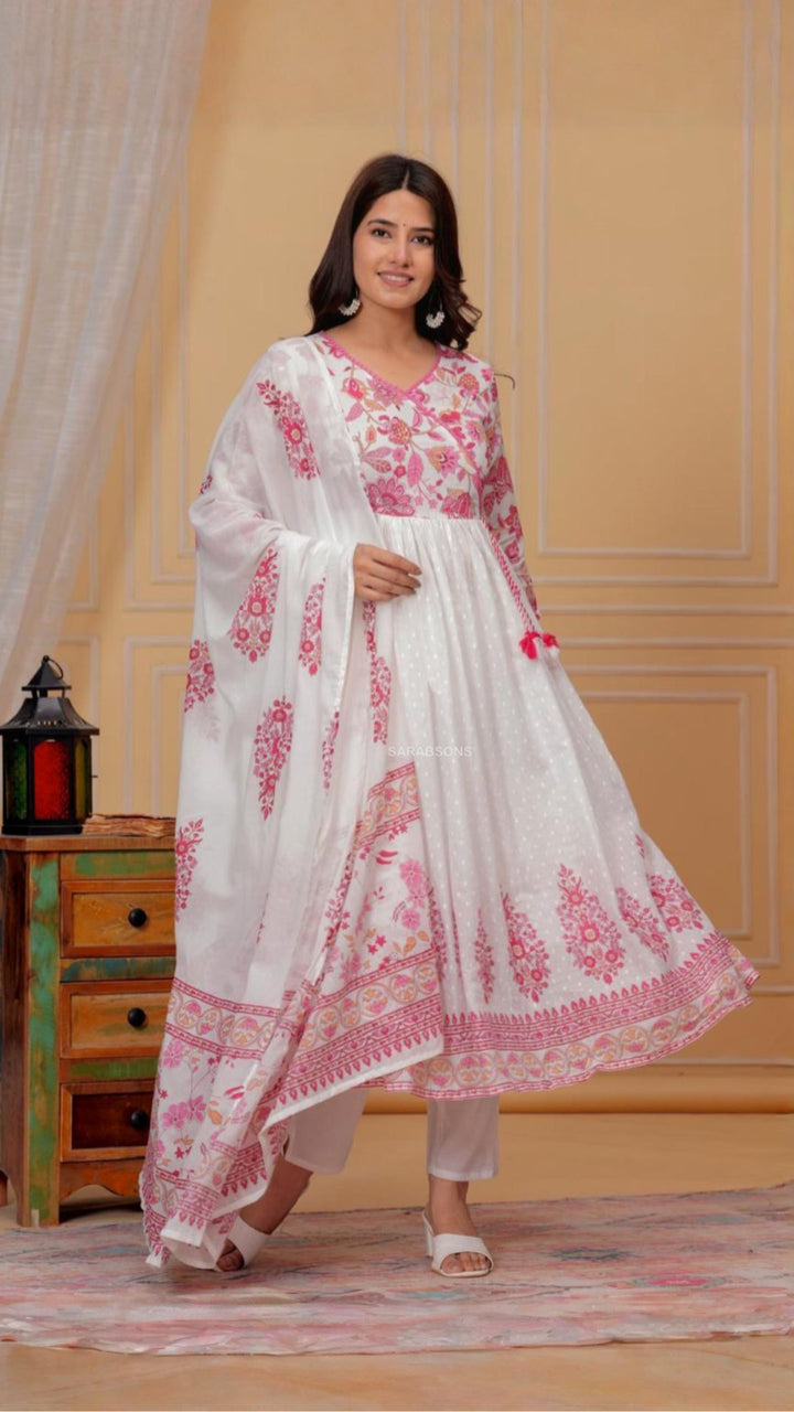 White Anarkali Mulmul Cotton Suit Set - Pants Set