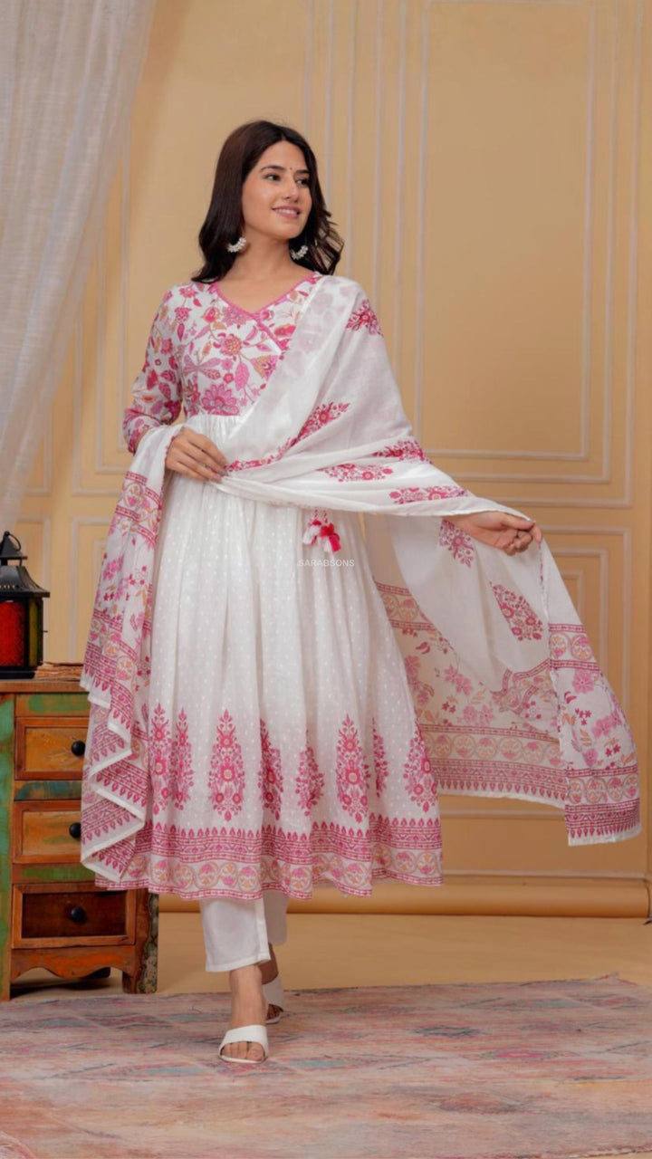 White Anarkali Mulmul Cotton Suit Set - Pants Set