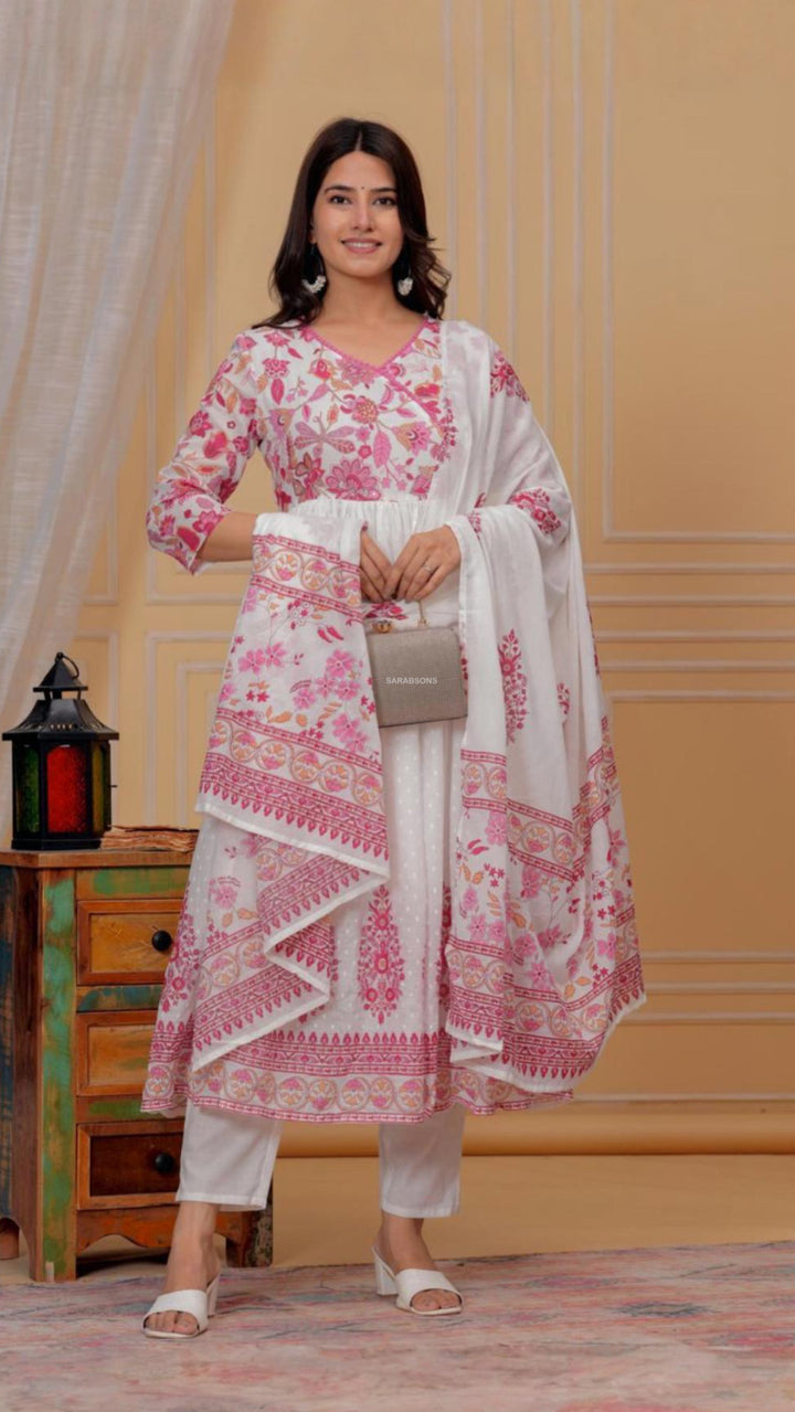 White Anarkali Mulmul Cotton Suit Set - Pants Set