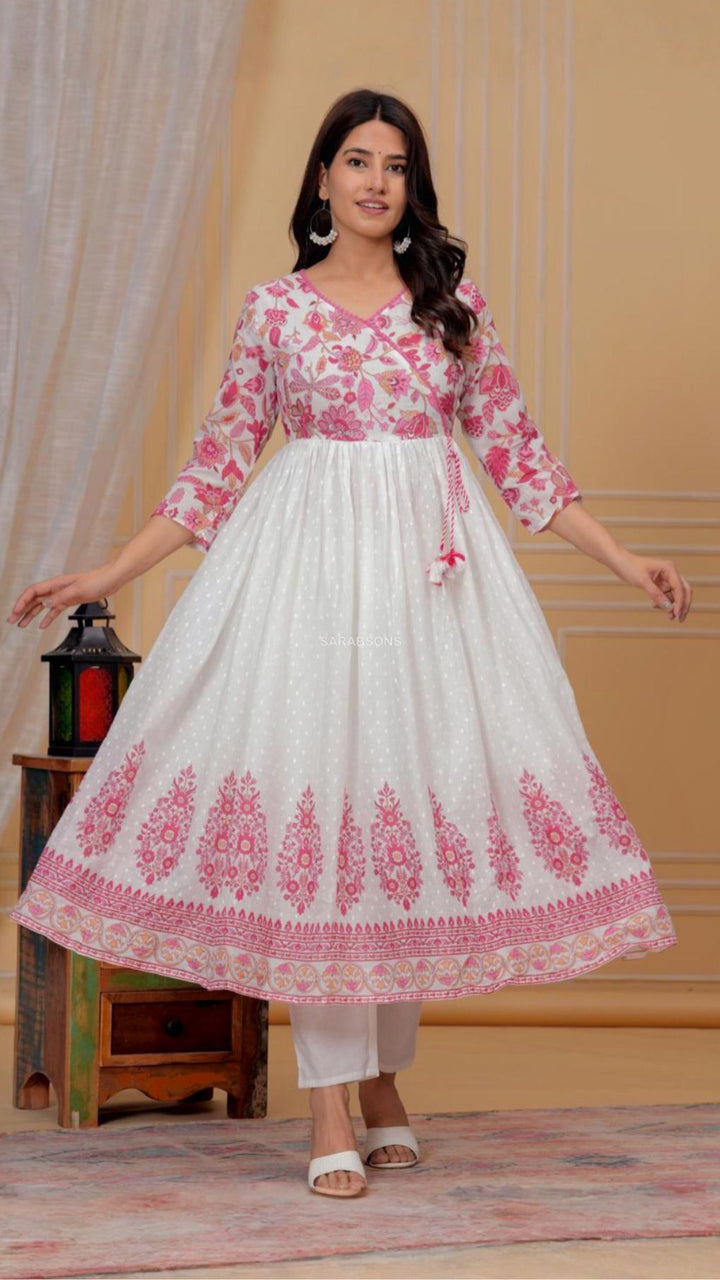 White Anarkali Mulmul Cotton Suit Set - Pants Set