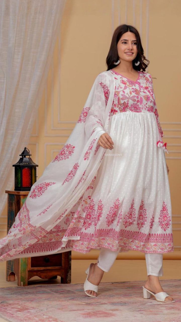 White Anarkali Mulmul Cotton Suit Set - Pants Set