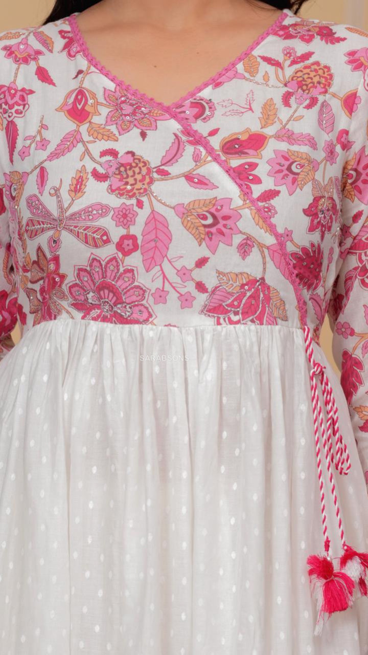 White Anarkali Mulmul Cotton Suit Set - Pants Set