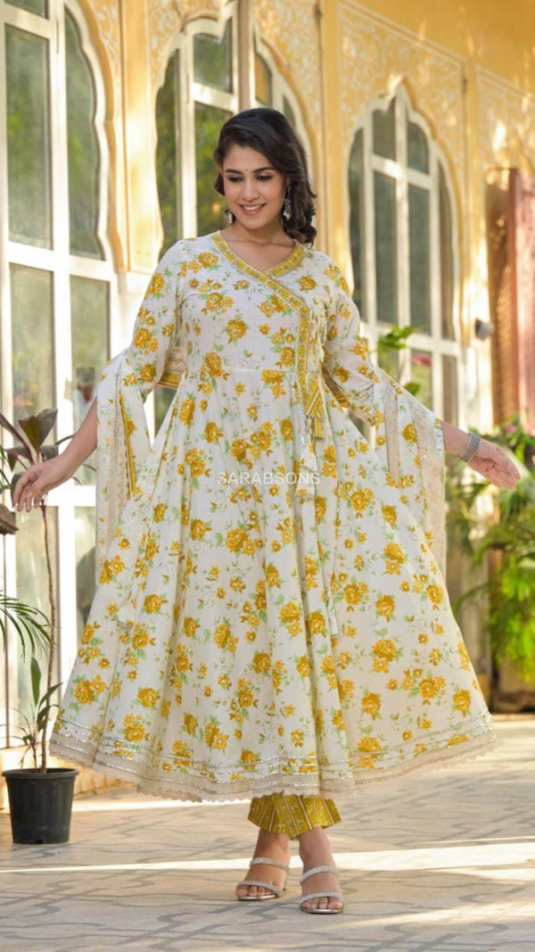 White Floral Print Angrakha Style Anarkali Suit Set - Pants Set