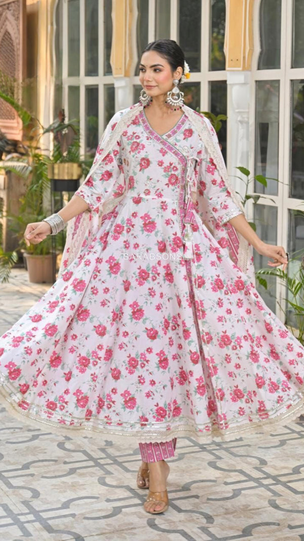 White Floral Print Angrakha Style Anarkali Suit Set - Pants Set