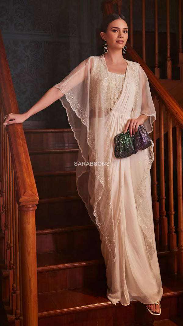 White Indo-Western Ready-to-Wear Draped Saree with Belt and Cape Set
