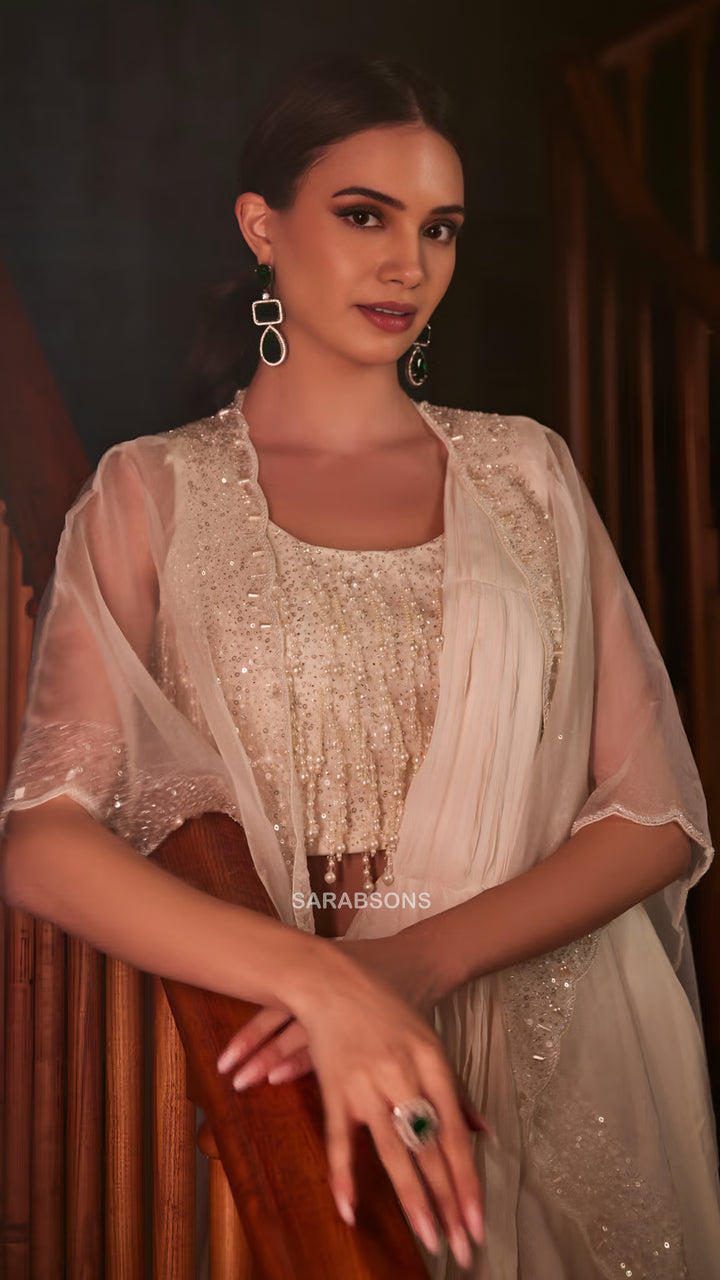 White Indo-Western Ready-to-Wear Draped Saree with Belt and Cape Set
