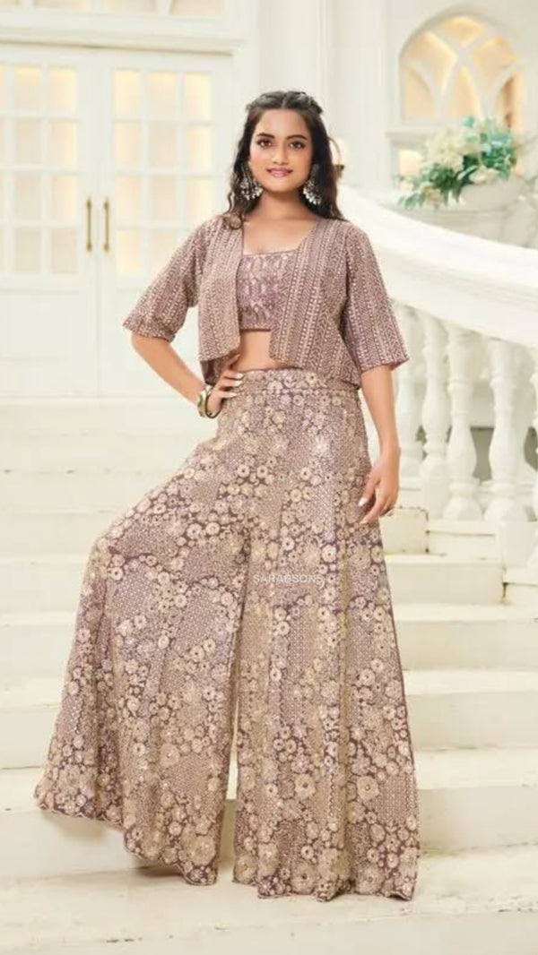 Wine Indowestern Strappy Crop Top Palazzo with Jacket Set