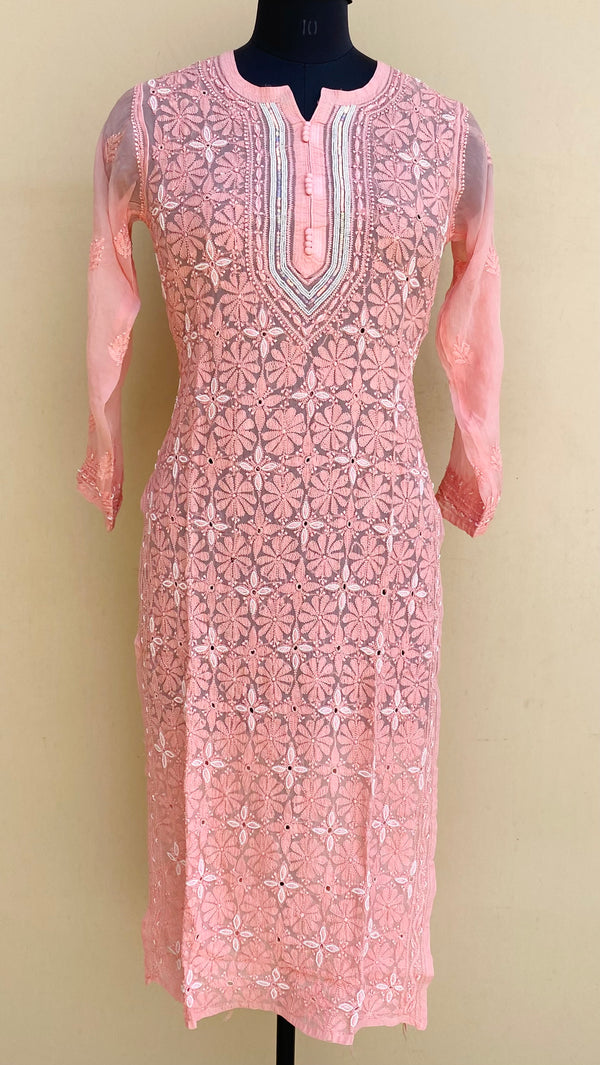 Lucknowi Chikankari Kurti Peach Pure Muslin With Pearl & Sequence Work