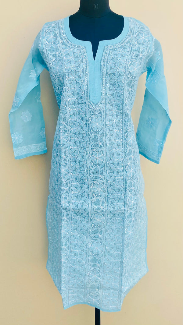 Lucknowi Chikankari Kurti Blue Cotton with Jaali Work