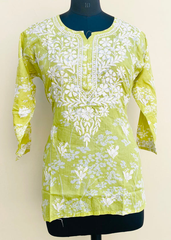 Lucknowi Chikankari Printed Short Kurti Green Mulmul Cotton