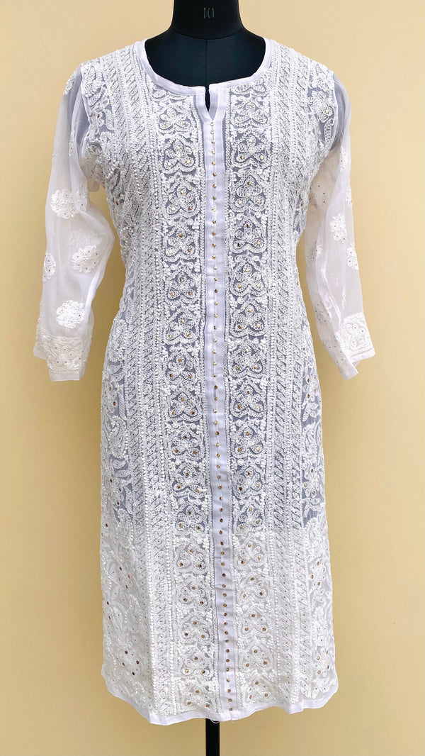 Lucknowi Chikankari Kurti White On White Faux Georgette with Mukaish work