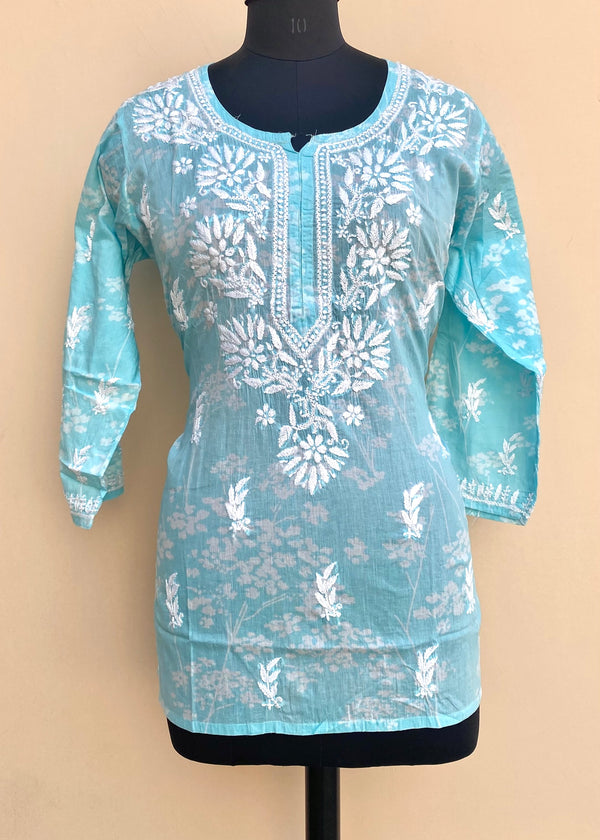 Lucknowi Chikankari Printed Short Kurti Blue Mulmul Cotton