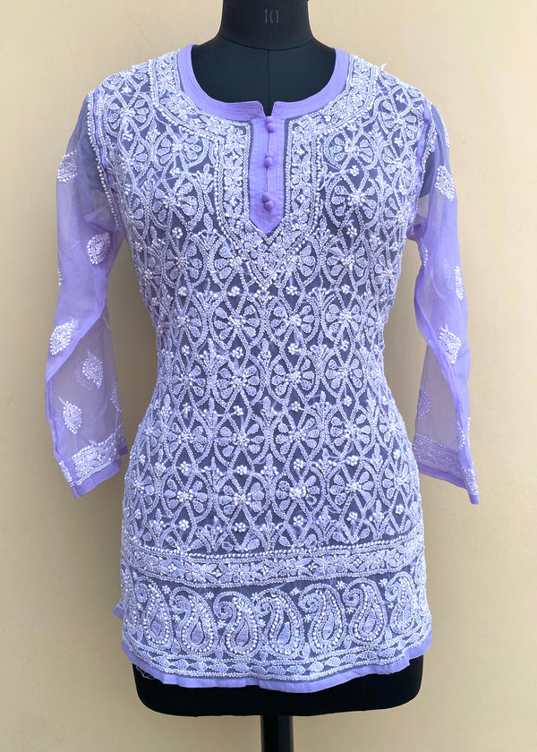 Lucknowi Chikankari Short Kurti Purple Faux Georgette