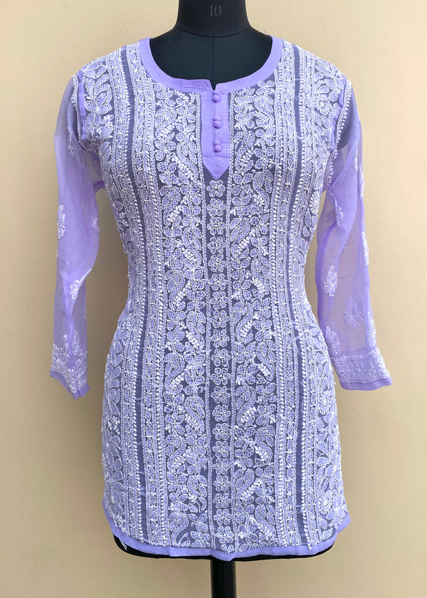 Lucknowi Chikankari Short Kurti Purple Faux Georgette