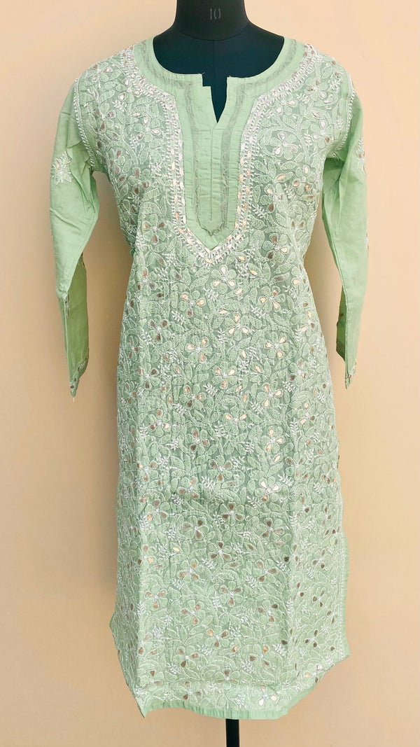 Lucknowi Chikankari Kurti Green Cotton with Gotta Patti Work