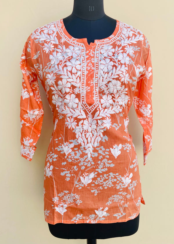 Lucknowi Chikankari Printed Short Kurti Orange Mulmul Cotton