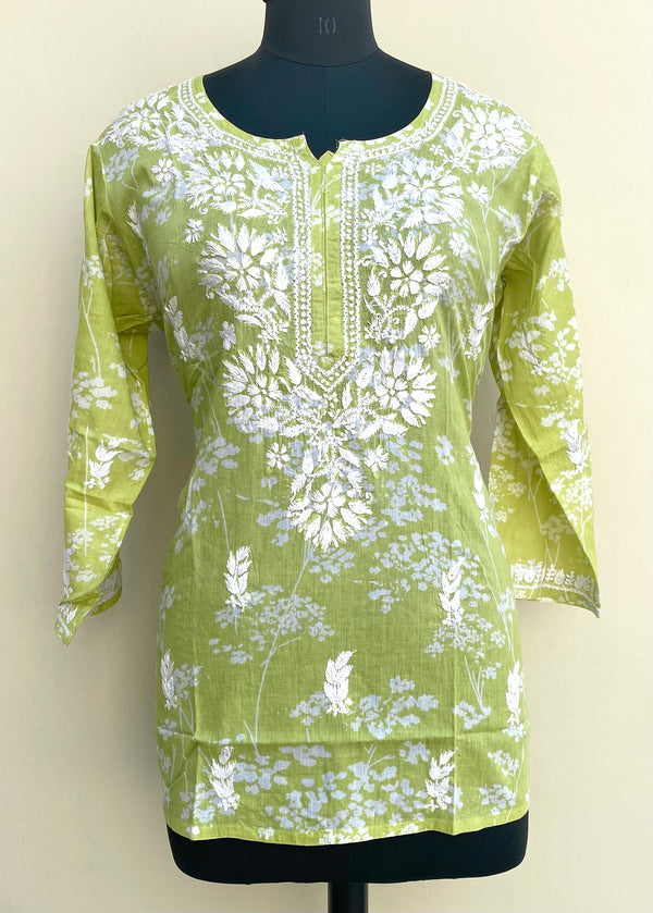 Lucknowi Chikankari Printed Short Kurti Green Mulmul Cotton