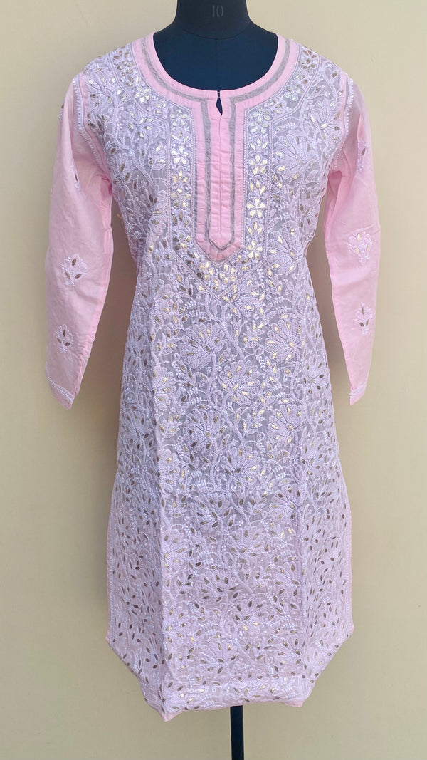 Lucknowi Chikankari Kurti Pink Cotton With Gotta Patti Work