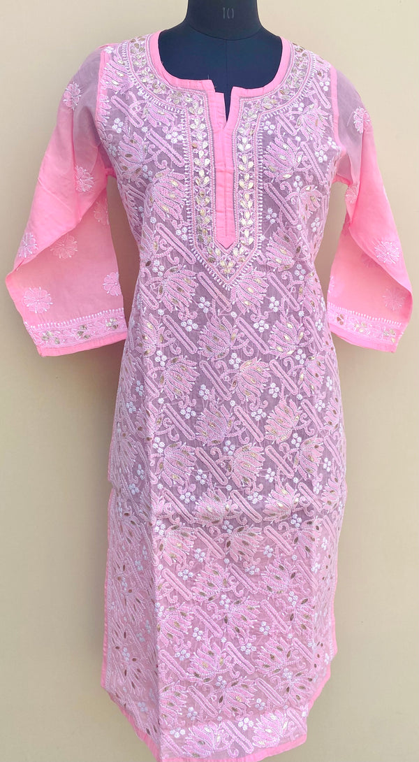 Lucknowi Chikankari Kurti Pink Cotton With Gotta Patti Work