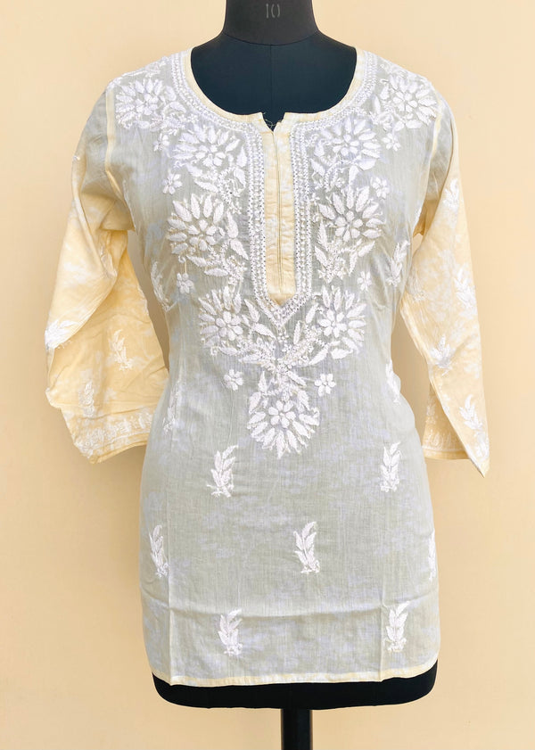 Lucknowi Chikankari Printed Short Kurti Cream Mulmul Cotton