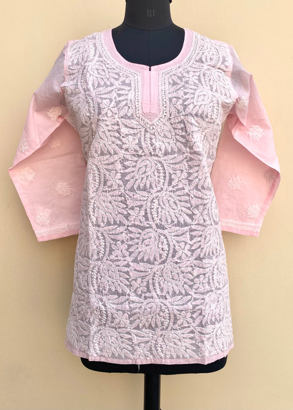 Lucknowi Chikankari Short Kurti Pink Cotton