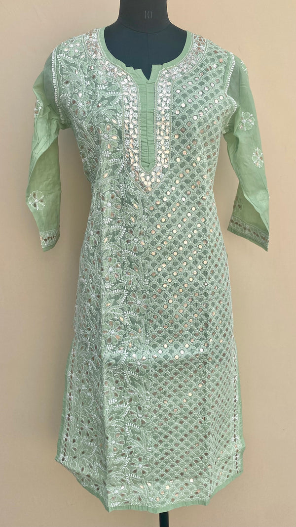 Lucknowi Chikankari Kurti Green Cotton with Gotta Patti Work