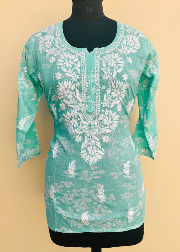 Lucknowi Chikankari Printed Short Kurti Sea Green Mulmul Cotton