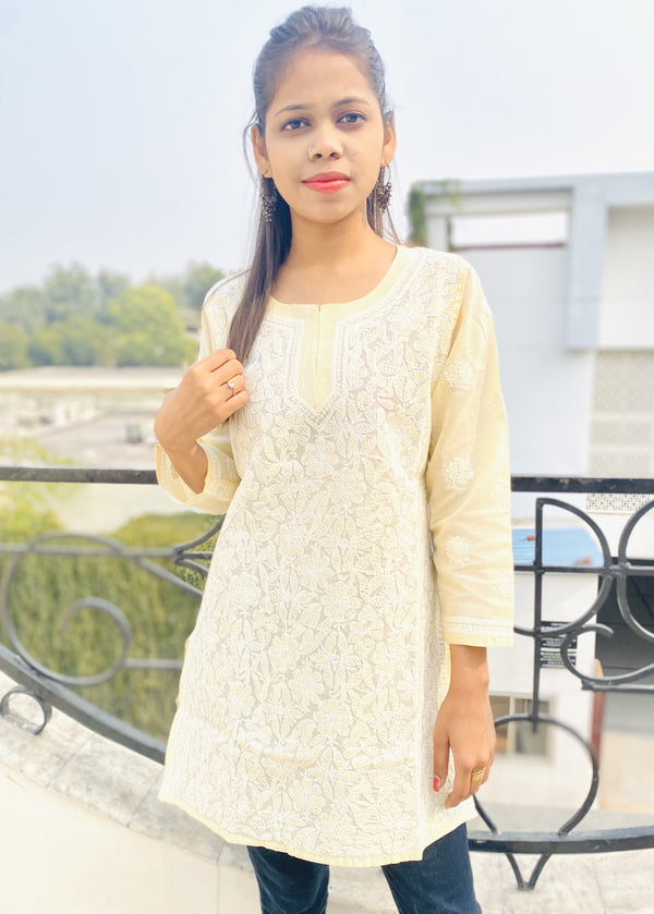 Lucknowi Chikankari Short Kurti Beige Cotton