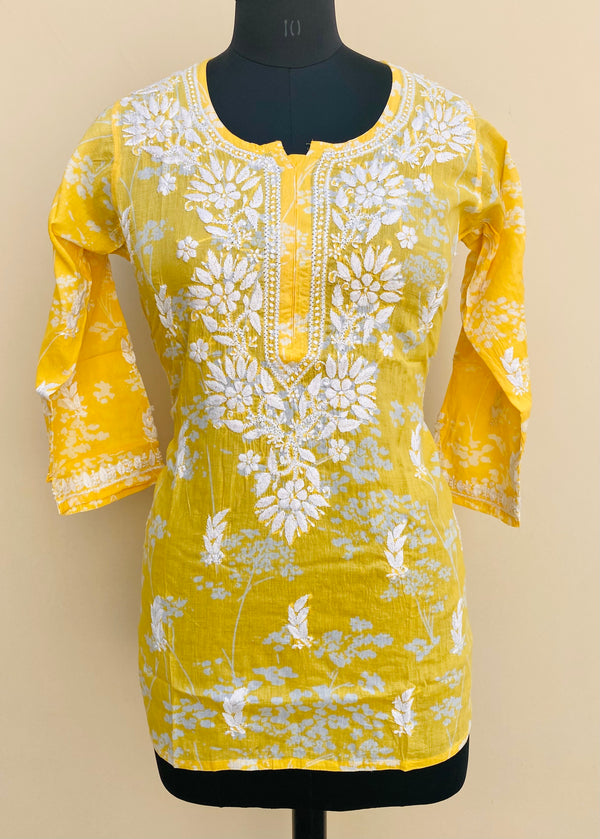 Lucknowi Chikankari Printed Short Kurti Yellow Mulmul Cotton