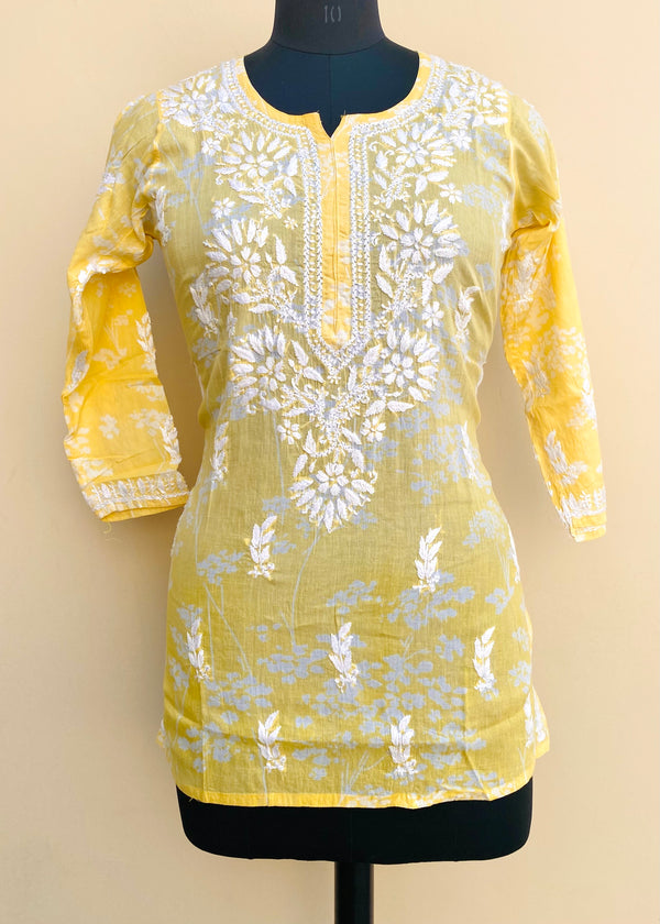 Lucknowi Chikankari Printed Short Kurti Yellow Mulmul Cotton