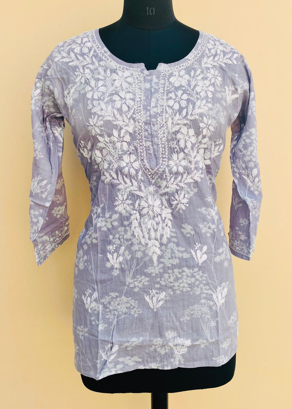 Lucknowi Chikankari Printed Short Kurti Gray Mulmul Cotton