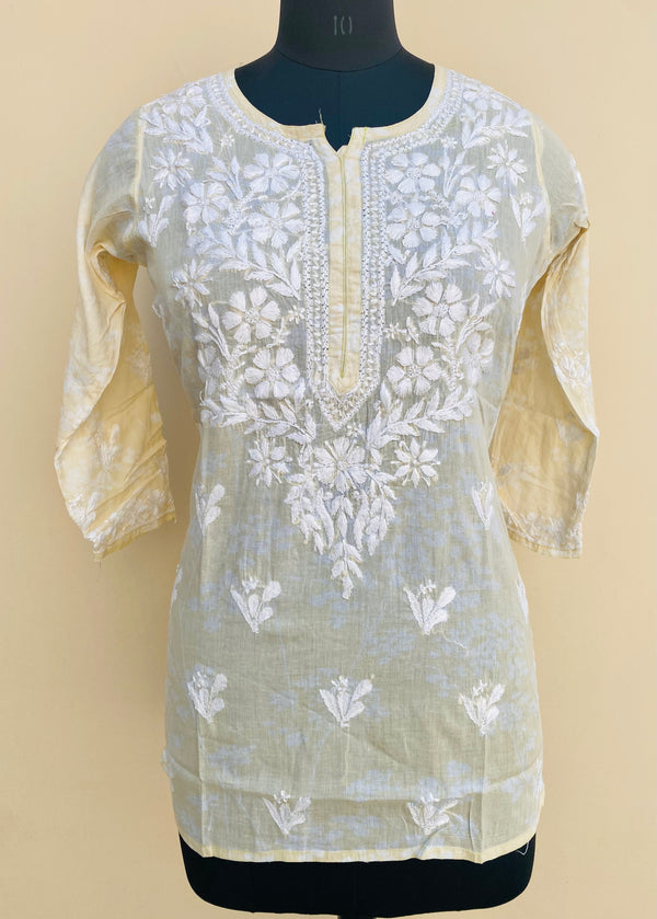 Lucknowi Chikankari Printed Short Kurti Cream Mulmul Cotton