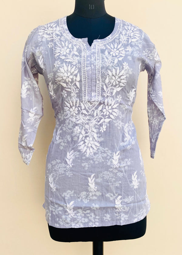 Lucknowi Chikankari Printed Short Kurti Gray Mulmul Cotton