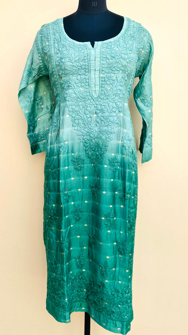 Lucknowi Chikankari Ombre A-Line Kurti Green Mal Chanderi With Self 3D work