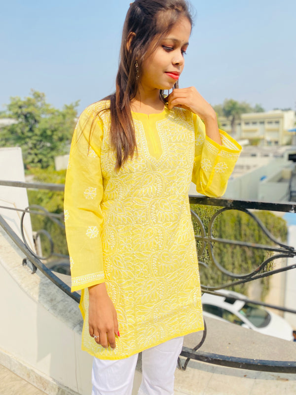 Lucknowi Chikankari Short Kurti Yellow Cotton