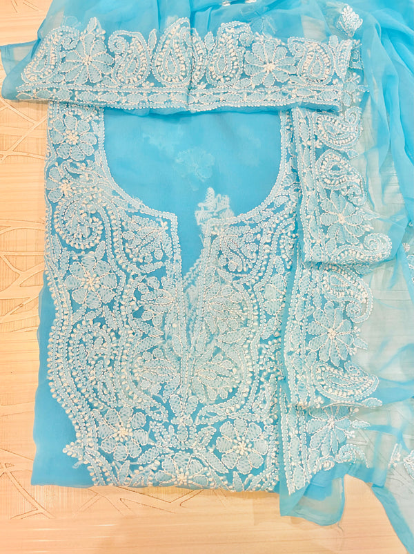 Lucknowi Chikankari Suit Length 3 Piece Blue Faux Georgette