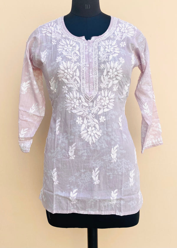 Lucknowi Chikankari Printed Short Kurti Purple Mulmul Cotton