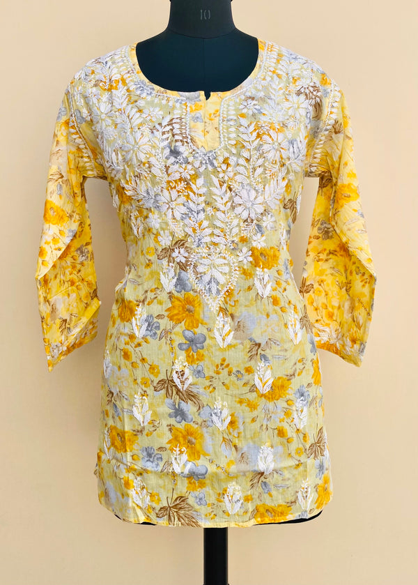 Lucknowi Chikankari Printed Short Kurti Yellow Mulmul Cotton