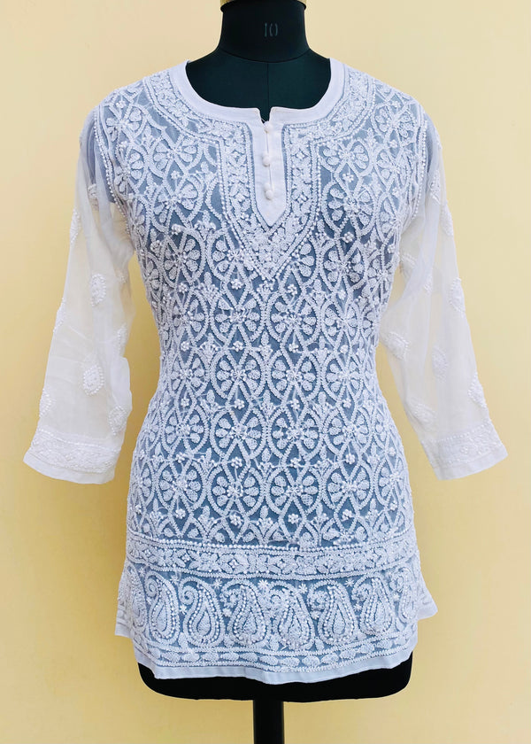 Lucknowi Chikankari Short Kurti White On White Faux Georgette