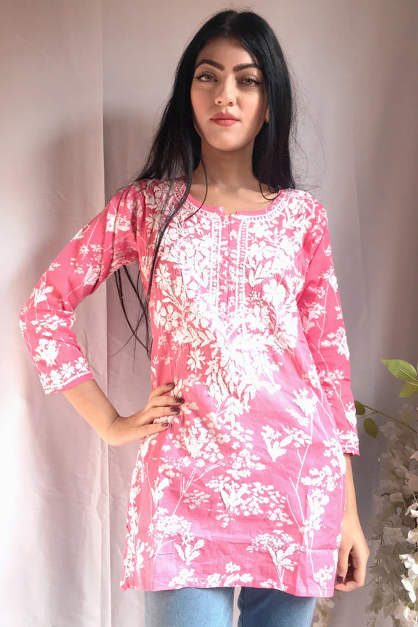 Lucknowi Chikankari Printed Short Kurti Pink Mulmul Cotton