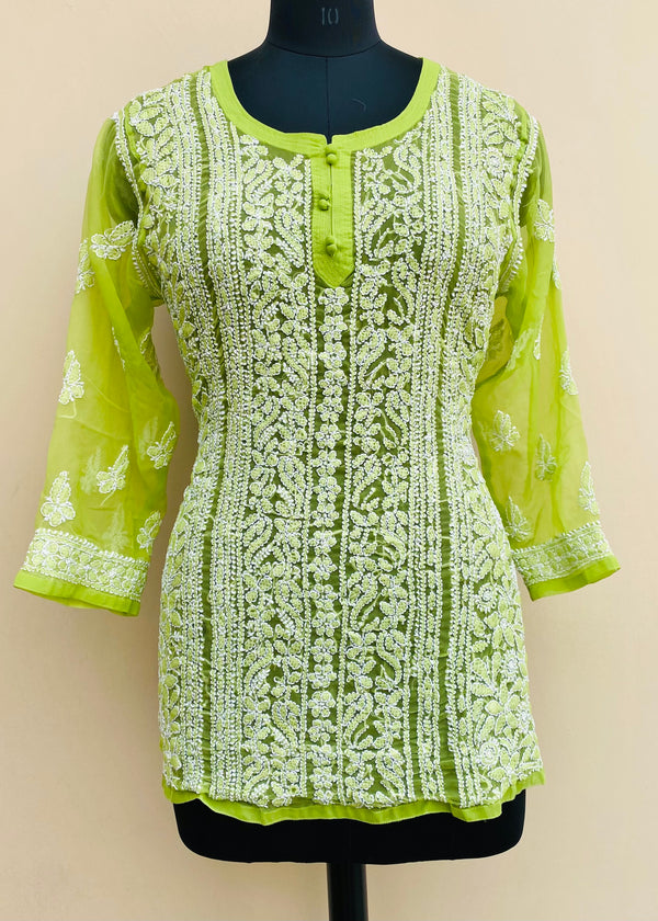 Lucknowi Chikankari Short Kurti Green Faux Georgette