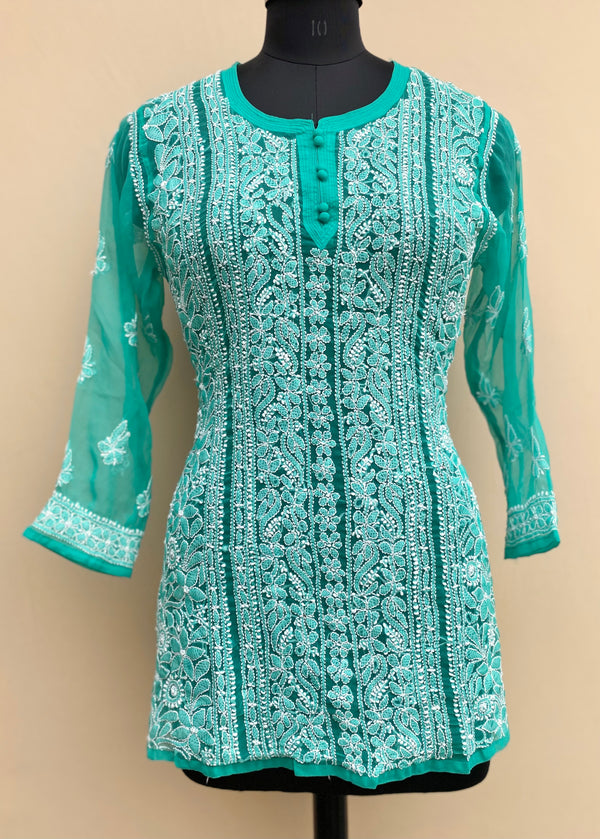 Lucknowi Chikankari Short Kurti Sea Green Faux Georgette